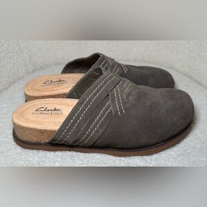 Clarks Brynn suede clogs brown olive green tan comfort slip-on round toe boho 8